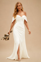 Rutipo Ivory Simple Off-The-Shoulder Sheath/Column Slit Wedding Dresses With Elastic Satin