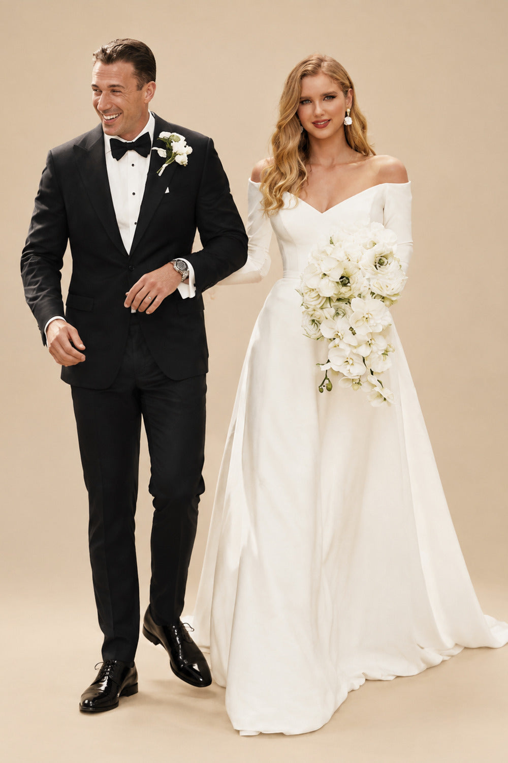 Rutipo Ivory A-Line Off-The-Shoulder Long Sleeves Court Train Elastic Satin Wedding Dresses