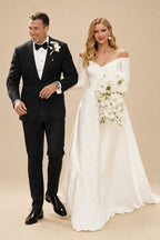 Rutipo Ivory A-Line Off-The-Shoulder Long Sleeves Court Train Elastic Satin Wedding Dresses