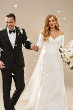 Rutipo Ivory A-Line Off-The-Shoulder Long Sleeves Court Train Elastic Satin Wedding Dresses