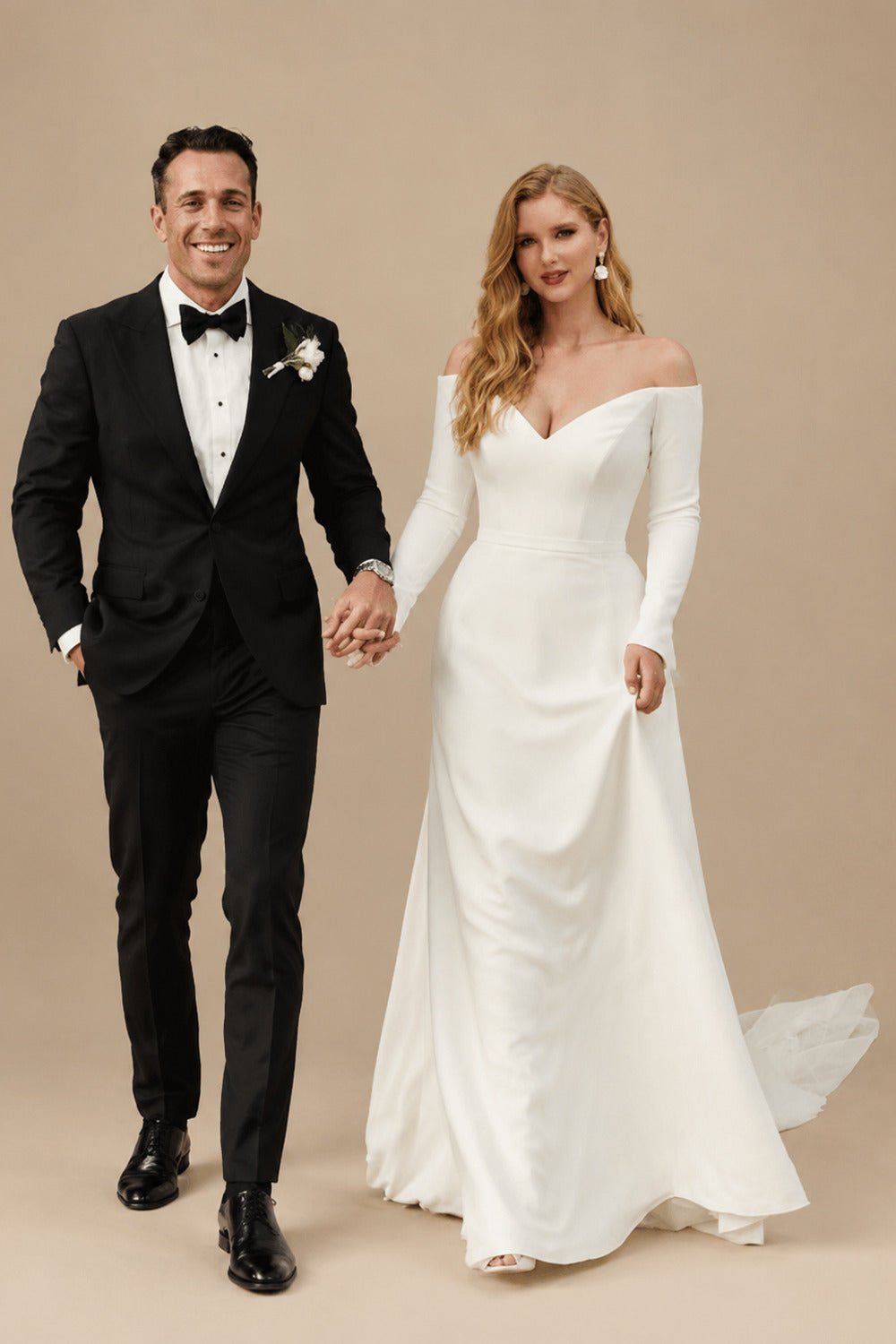 Rutipo Ivory A-Line Off-The-Shoulder Long Sleeves Court Train Elastic Satin Wedding Dresses