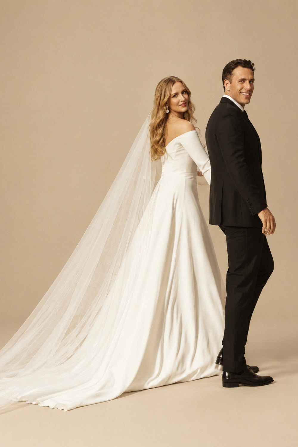 Rutipo Ivory A-Line Off-The-Shoulder Long Sleeves Court Train Elastic Satin Wedding Dresses