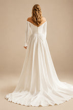 Rutipo Ivory A-Line Off-The-Shoulder Long Sleeves Court Train Elastic Satin Wedding Dresses
