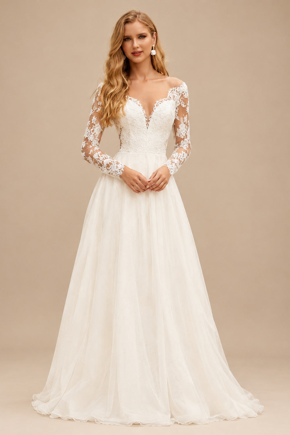 Rutipo Ivory Boho Lace Long Sleeves Princess Wedding Dresses
