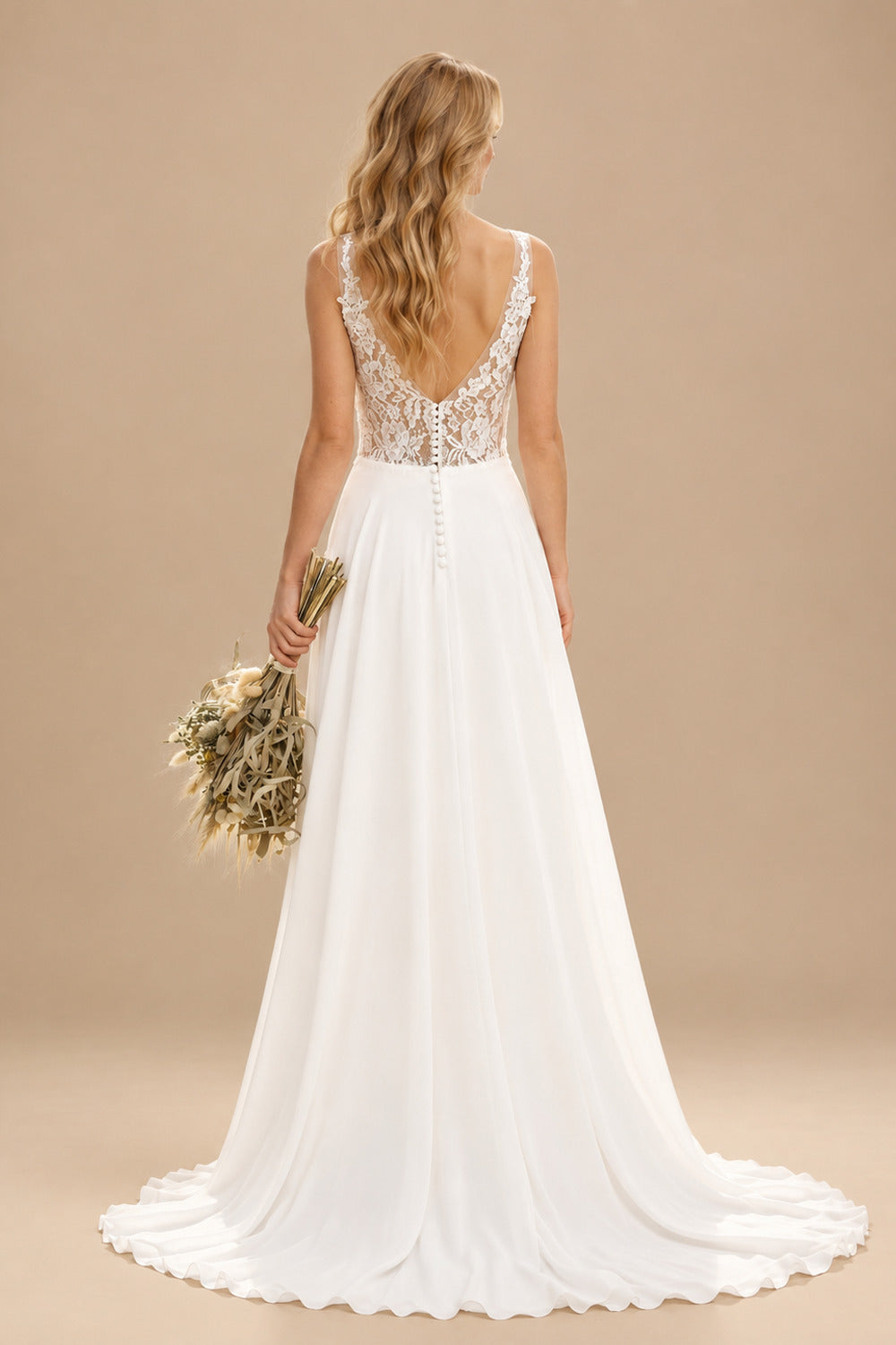 Rutipo Ivory A-Line V-Neck Sleeveless Chiffon/Lace Beach Wedding Dresses With Split Front