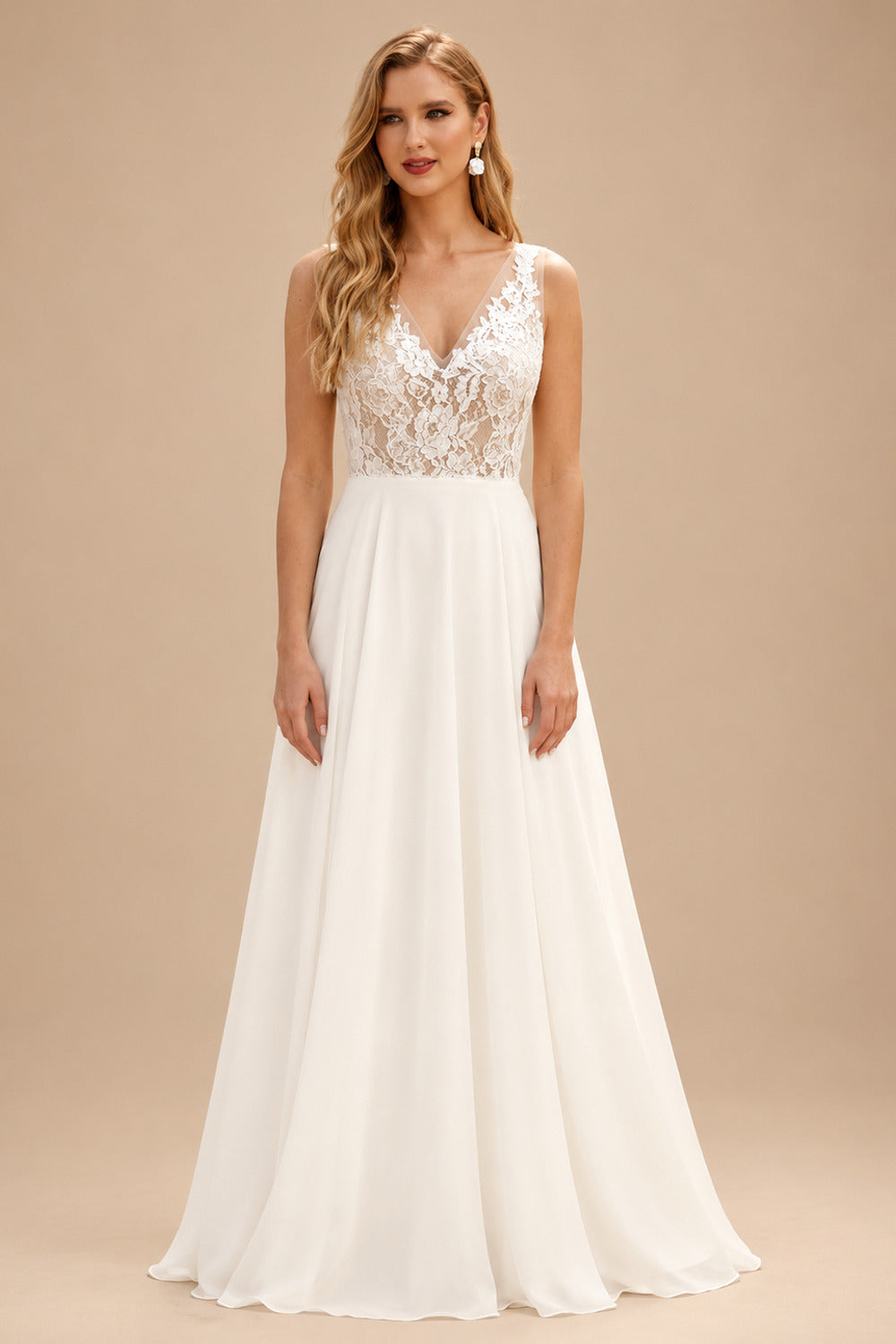 Rutipo Ivory A-Line V-Neck Sleeveless Chiffon/Lace Beach Wedding Dresses With Split Front