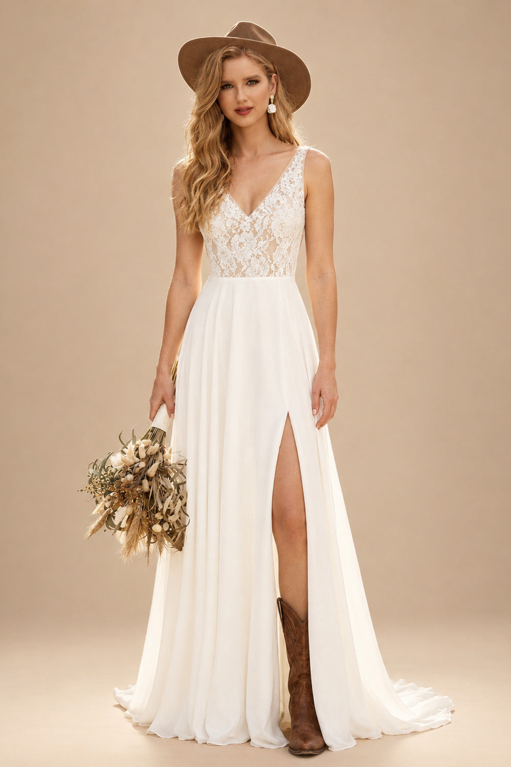Rutipo Ivory A-Line V-Neck Sleeveless Chiffon/Lace Beach Wedding Dresses With Split Front