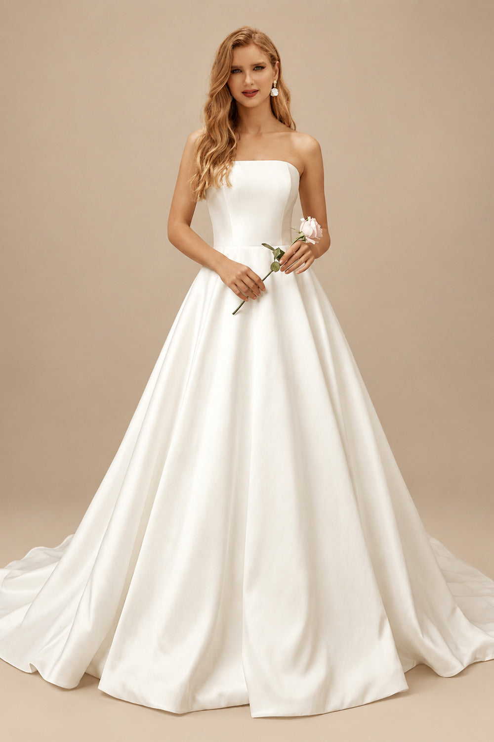Rutipo Ivory Ball-Gown Strapless Sleeveless Sweep Train Elegant Satin Wedding Dresses