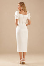 Rutipo Ivory Minimalist Reception Square Neckline Satin Sheath Wedding Dresses With Short Sleeves