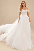 Rutipo Ivory Boho A-Line Off-The-Shoulder Tulle Wedding Dresses With Sequins
