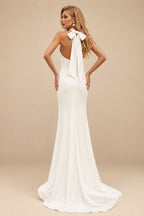 Rutipo Ivory Simple Halter Sheath/Column Chiffon Wedding Dresses With Split Front/Pleated