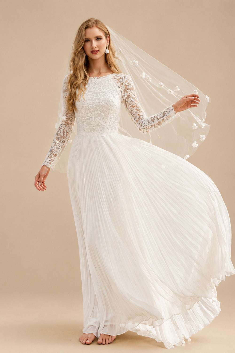 Rutipo Ivory A-Line Long Sleeves Floor-Length Chiffon/Lace Wedding Dresses