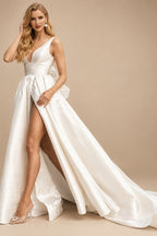 Rutipo Ivory V-Neck Satin A-Line Slit Wedding Dresses With Bow