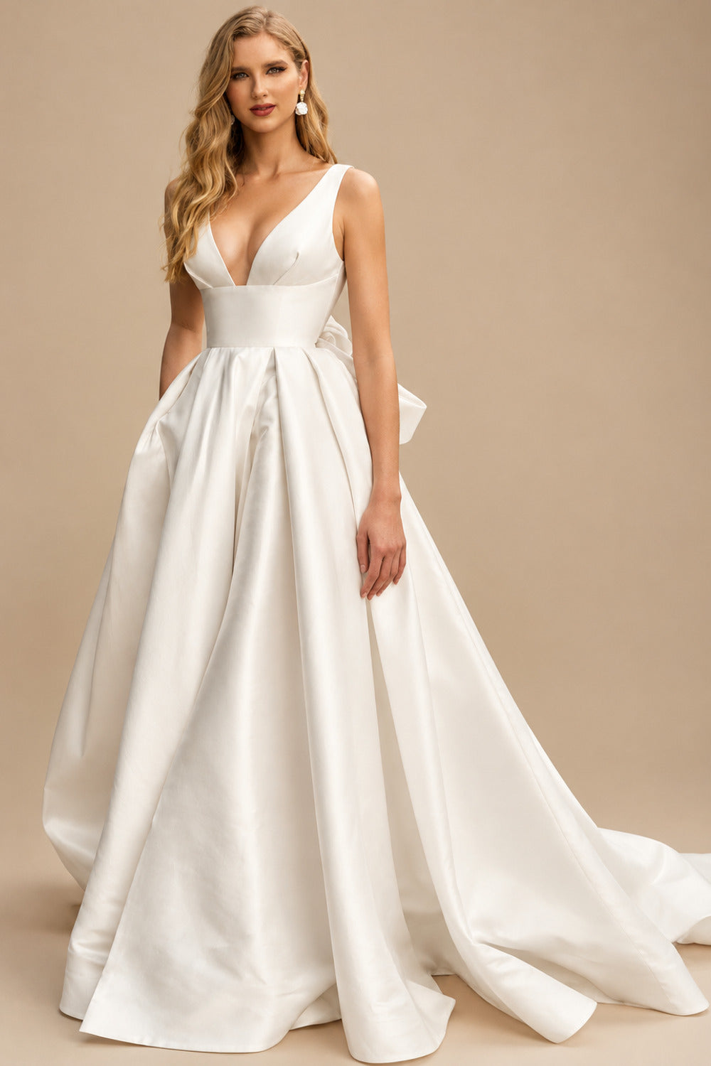 Rutipo Ivory V-Neck Satin A-Line Slit Wedding Dresses With Bow