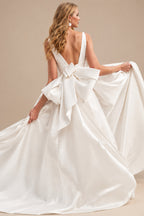 Rutipo Ivory V-Neck Satin A-Line Slit Wedding Dresses With Bow