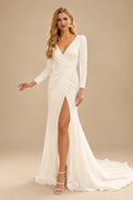 Rutipo Ivory Minimalist V-Neck Long Sleeves Slit Wedding Dresses With Sheath/Column