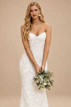 Rutipo Ivory Boho Lace Sweetheart Slit Wedding Dresses With Detachable Train
