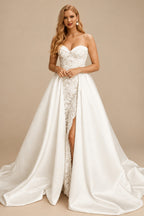 Rutipo Ivory Boho Lace Sweetheart Slit Wedding Dresses With Detachable Train