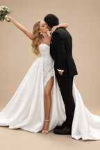 Rutipo Ivory Boho Lace Sweetheart Slit Wedding Dresses With Detachable Train