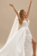 Rutipo Ivory Boho Lace Sweetheart Slit Wedding Dresses With Detachable Train
