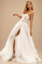 Rutipo Ivory Boho Beach Tulle A-Line Slit Wedding Dresses