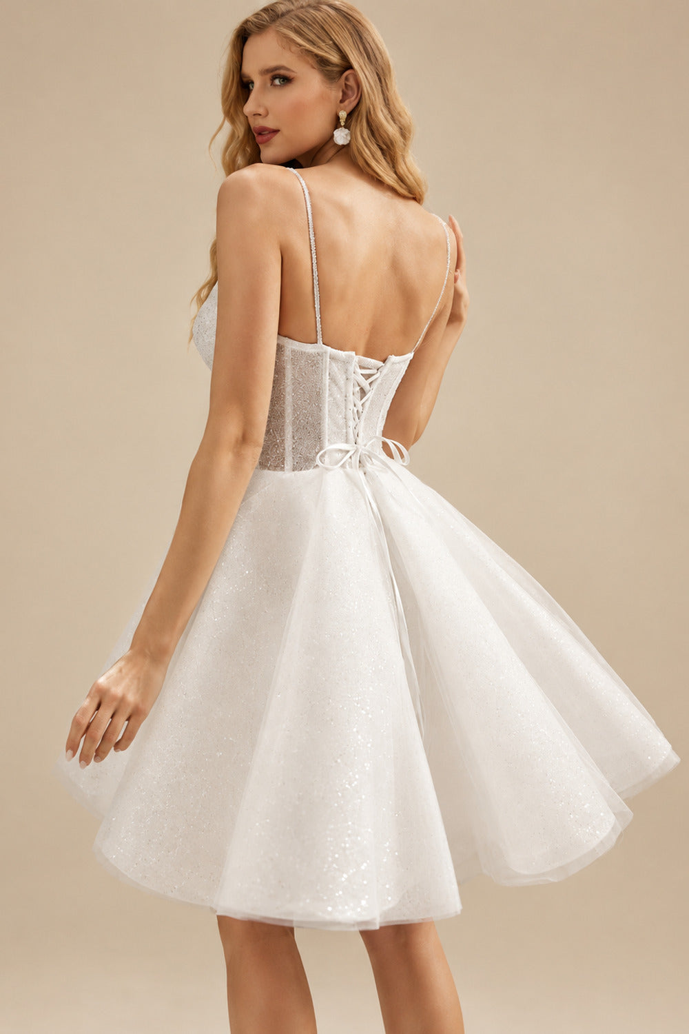 Rutipo Ivory Sparkle Short/Mini Sequined A-Line V-Neck Wedding Dresses With Spaghetti Straps