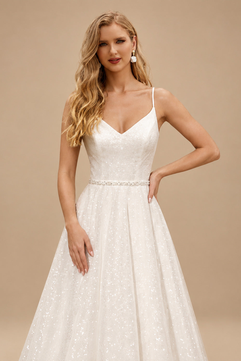 Rutipo Ivory Shiny A-Line V-Neck Sleeveless Little White Sequined Wedding Dresses