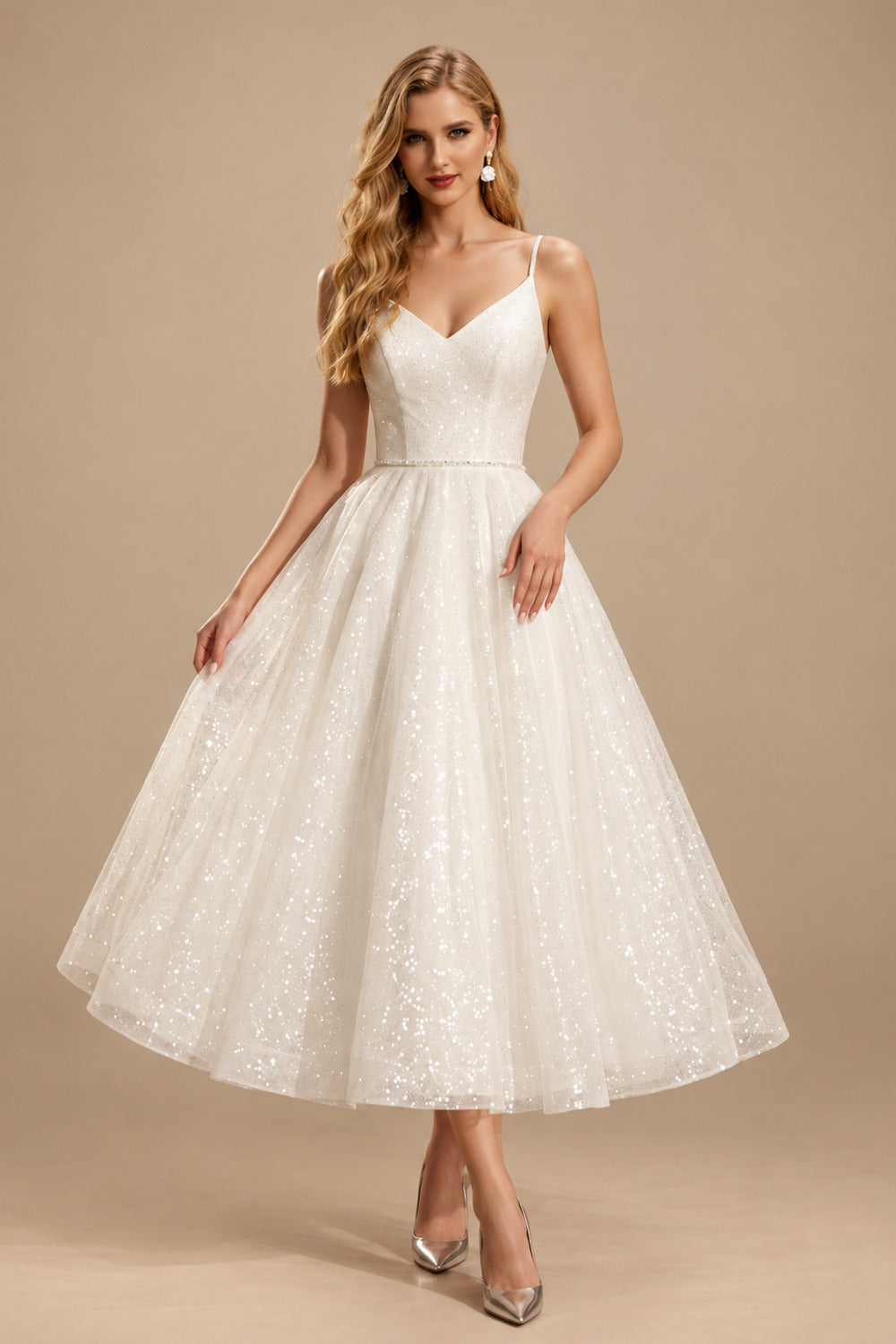 Rutipo Ivory Shiny A-Line V-Neck Sleeveless Little White Sequined Wedding Dresses