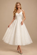 Rutipo Ivory Shiny A-Line V-Neck Sleeveless Little White Sequined Wedding Dresses