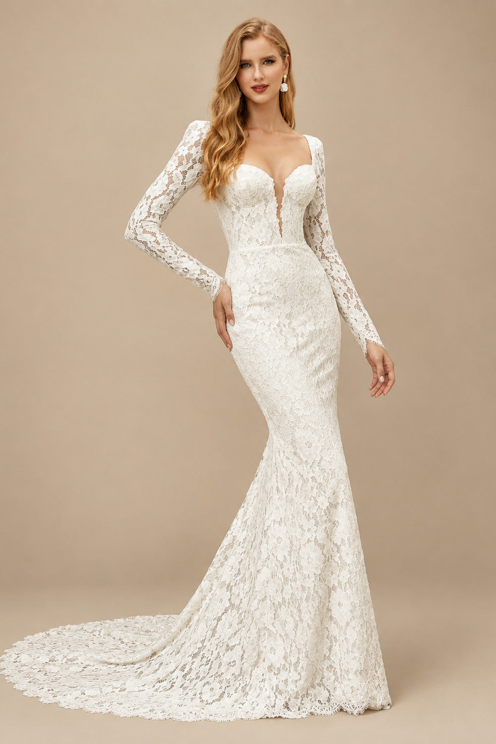 Rutipo Ivory Elegant Lace Trumpet/Mermaid Sweetheart Long Sleeves Wedding Dresses With Sweep Train