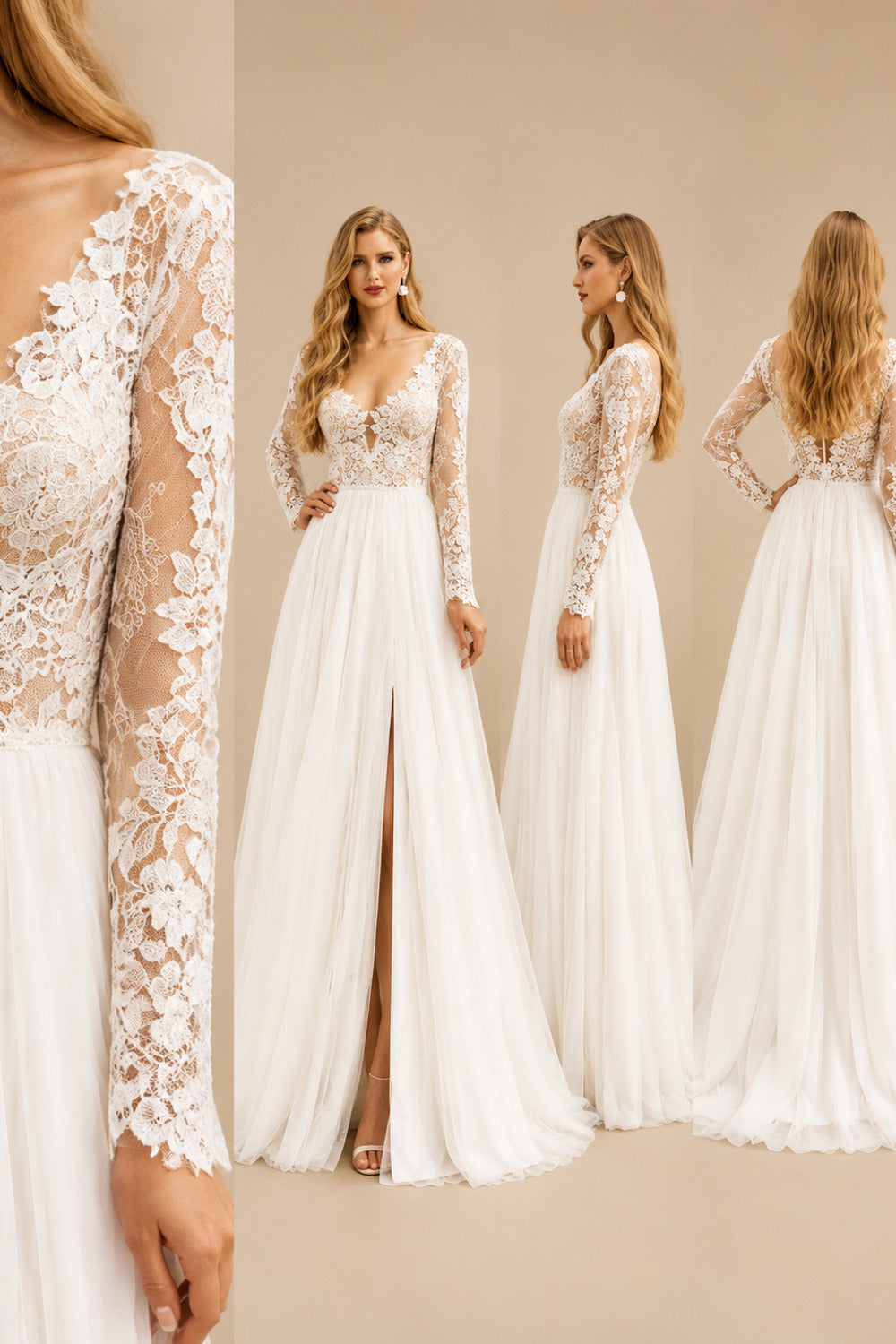 Rutipo Ivory Boho Lace A-Line V-Neck Long Sleeves Wedding Dresses With Split Front