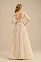 Rutipo Champagne Ball-Gown V-Neck Long Sleeves Lace/Tulle Wedding Dresses With Split Front
