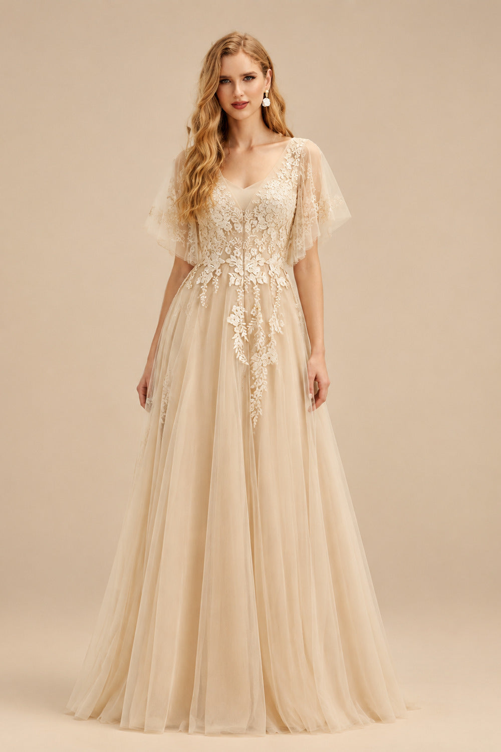 Rutipo Champagne Ball-Gown V-Neck Long Sleeves Lace/Tulle Wedding Dresses With Split Front