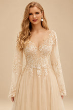Rutipo Champagne Ball-Gown V-Neck Long Sleeves Lace/Tulle Wedding Dresses With Split Front