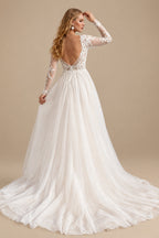 Rutipo Ivory Ball-Gown V-Neck Long Sleeves Lace/Tulle Wedding Dresses With Split Front