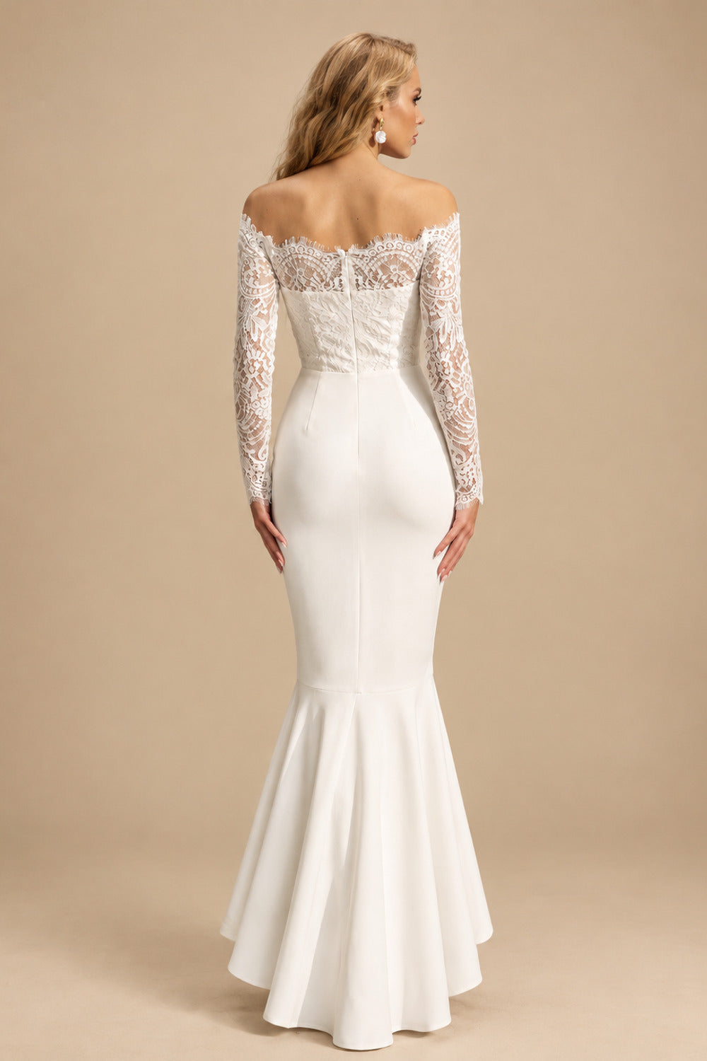 Rutipo Ivory Boho Lace Mermaid Off-The-Shoulder Wedding Dresses With Long Sleeves
