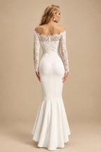 Rutipo Ivory Boho Lace Mermaid Off-The-Shoulder Wedding Dresses With Long Sleeves
