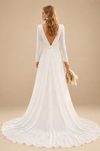 Rutipo Ivory A-Line Scoop Neck Long Sleeves Court Train Wedding Dresses