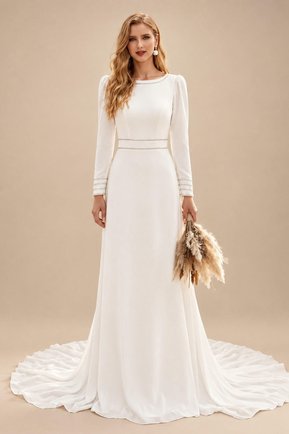 Rutipo Ivory A-Line Scoop Neck Long Sleeves Court Train Wedding Dresses