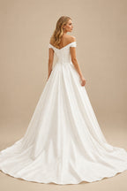 Rutipo Ivory Off-The-Shoulder Simple A-Line Pleated Wedding Dresses With Split Front