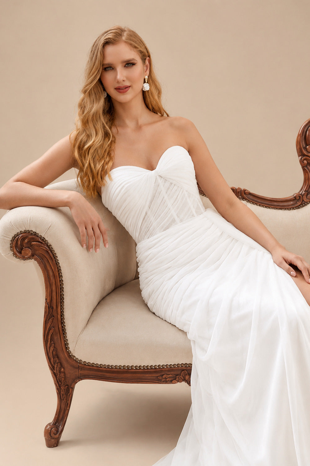 Rutipo Ivory Sheath/Column Sweetheart Tulle Wedding Dresses With Split Front