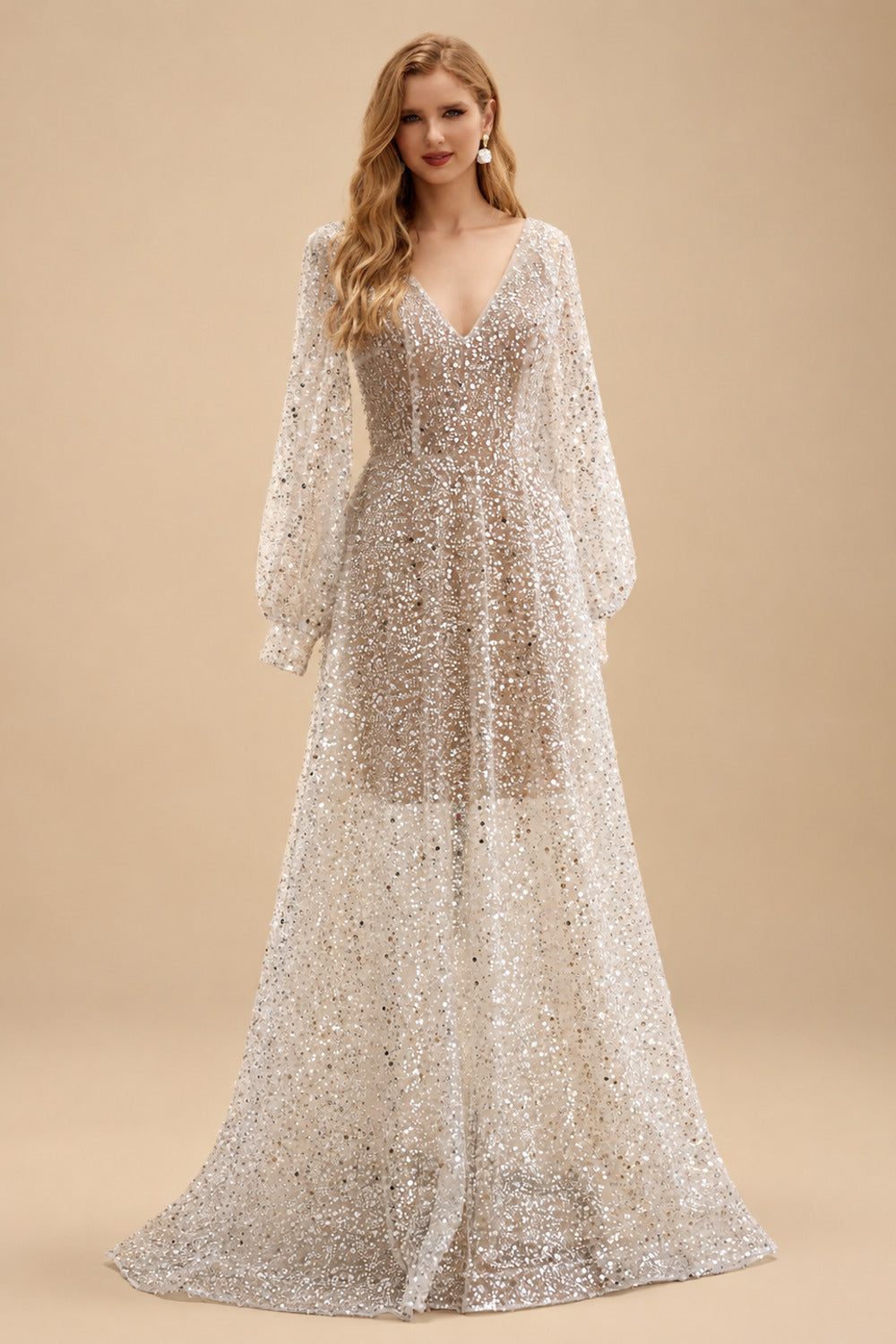 Rutipo As Picture Beach Open Back V-Neck Long Sleeves Wedding Dresses