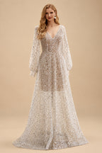 Rutipo As Picture Beach Open Back V-Neck Long Sleeves Wedding Dresses