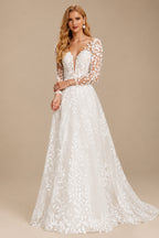 Rutipo Ivory Open Back Lace Long Sleeves Sweep Train Wedding Dresses