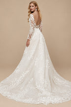 Rutipo Ivory Open Back Lace Long Sleeves Sweep Train Wedding Dresses