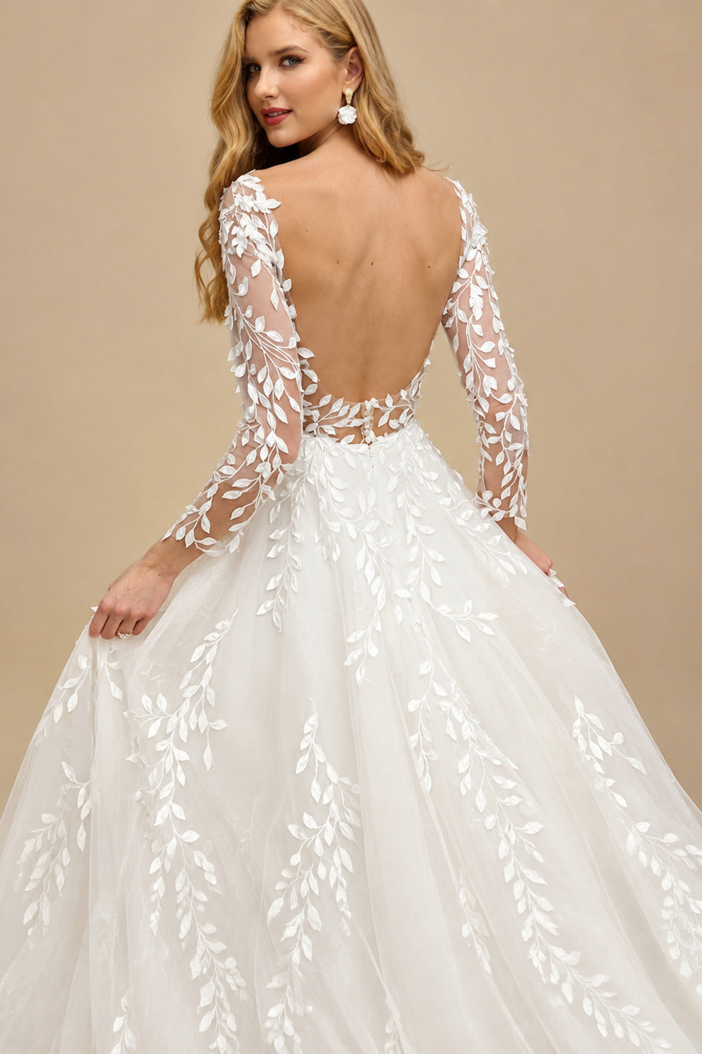 Rutipo Ivory Open Back Lace Long Sleeves Sweep Train Wedding Dresses