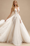 Rutipo Ivory Boho V-Neck Sleeveless Sweep Train Tulle Wedding Dresses With Appliques Lace