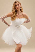Rutipo Ivory Little White Short/Mini Tulle Wedding Dresses With Bow(s) Belt