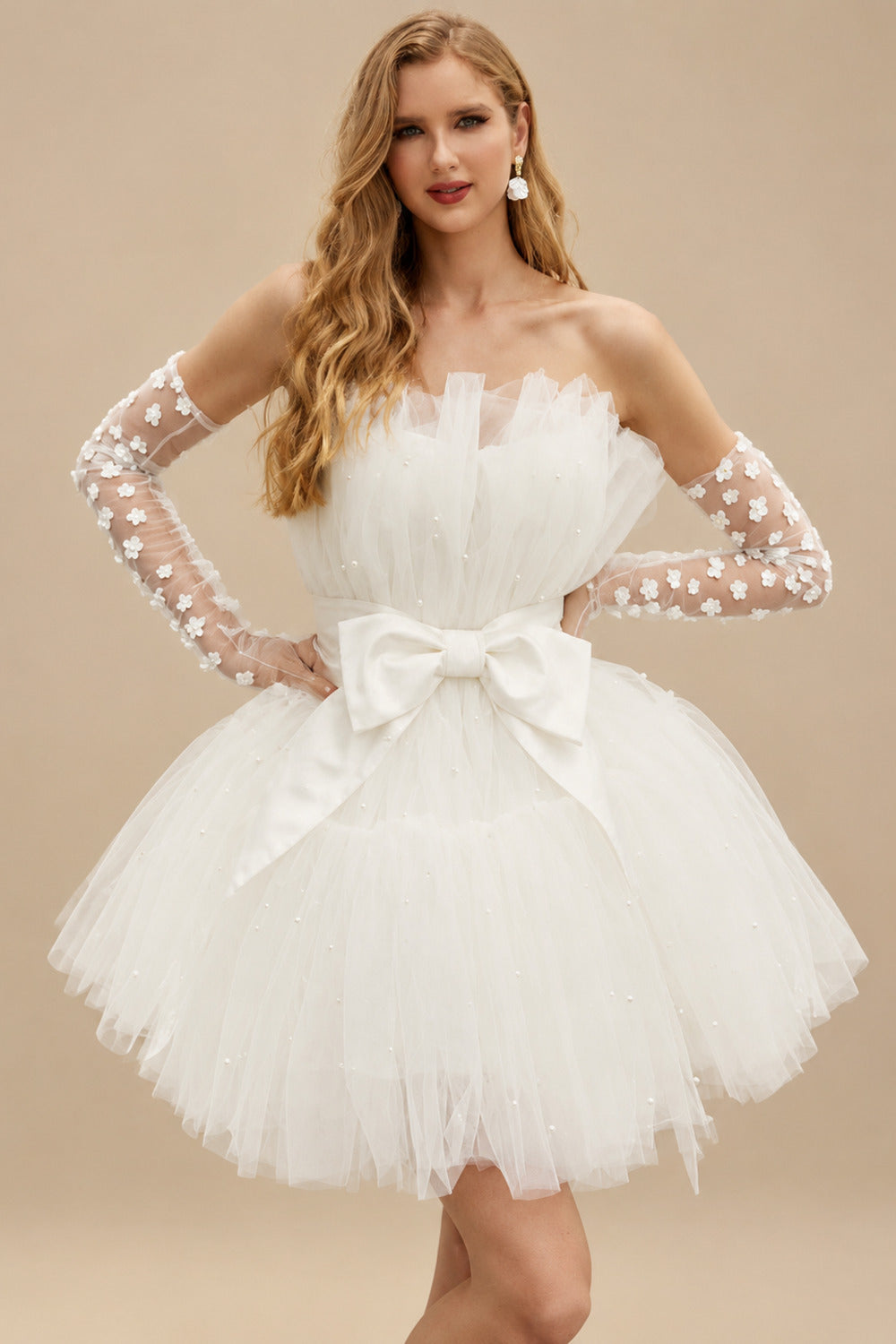 Rutipo Ivory Little White Short/Mini Tulle Wedding Dresses With Bow(s) Belt