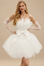 Rutipo Ivory Little White Short/Mini Tulle Wedding Dresses With Bow(s) Belt